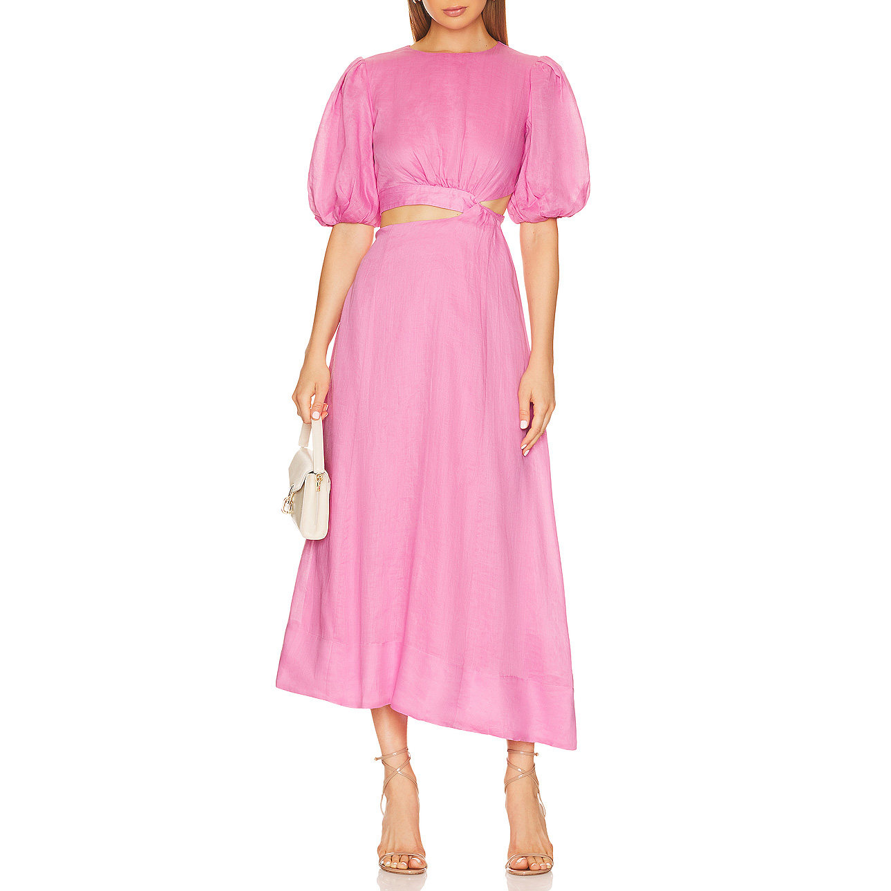 HIGH QUALITY SUMMER WOMEN SHORT PUFF SLEEVES CUT-OUT WAIST PINK LINEN MIDI DRESSES